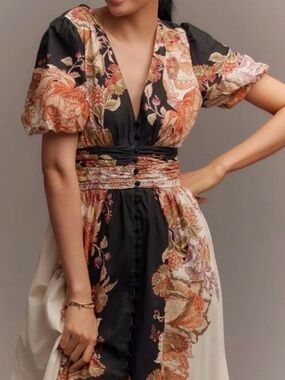 Anthropologie Cream and Black Floral Maxi Dress